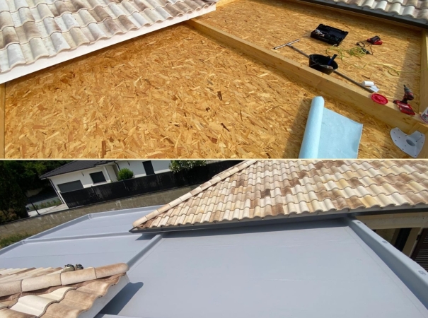 Avant/Apr&egrave;s - Etanch&eacute;it&eacute; d'un toit plat sur une maison neuve